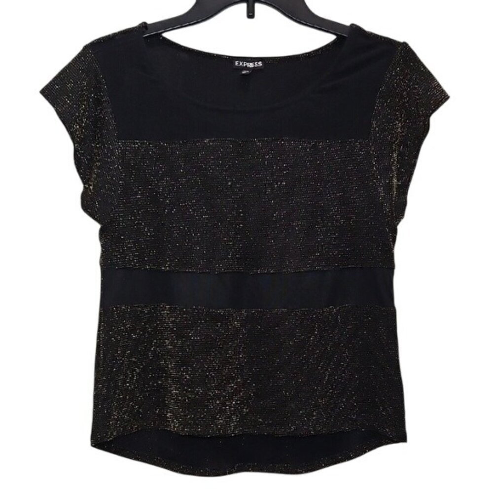 Express Shimmer Semi Sheer Blouse Top Size XS Cap Sleeve Party Sparkle Mesh